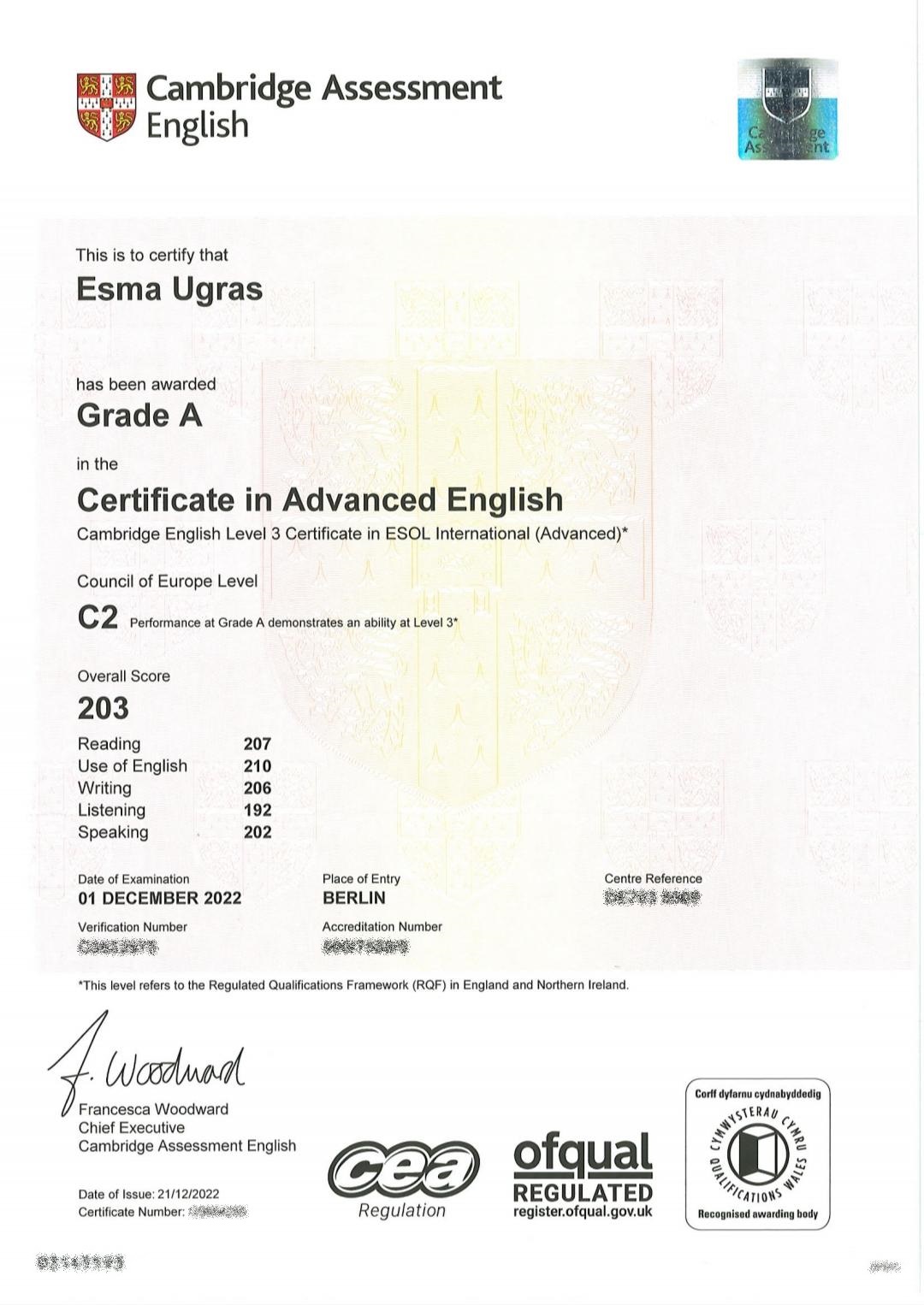 Esma Ugras certificate